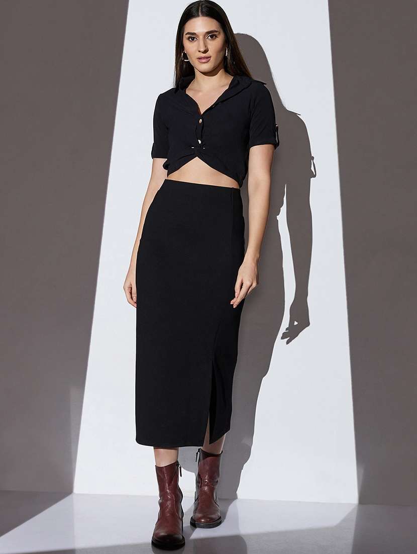 globus women black mid-rise solid stretchable front slit midi workwear pencil skirt - 22085172 -  Standard Image - 4