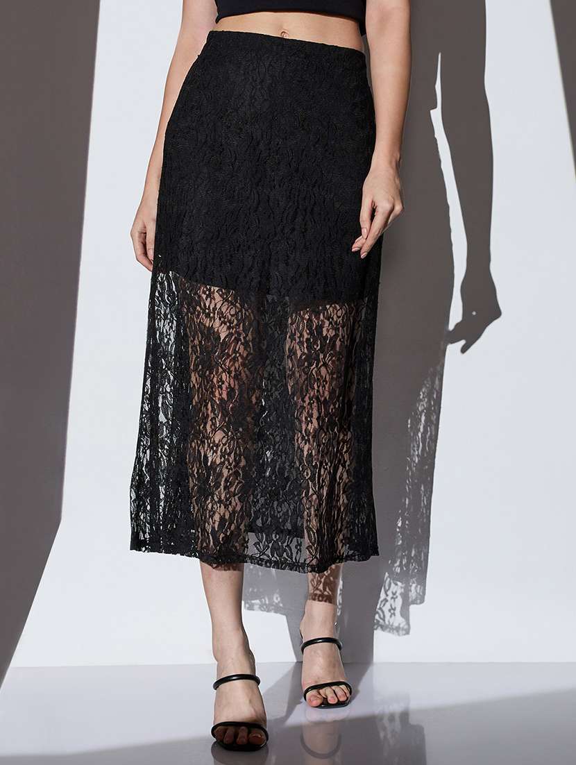 women solid high rise lace a-line skirt
