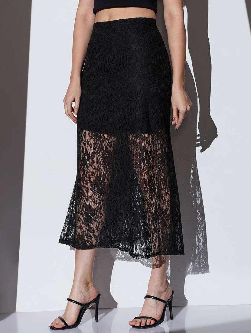 women solid high rise lace a-line skirt - 22085173 - Standard Image - 1