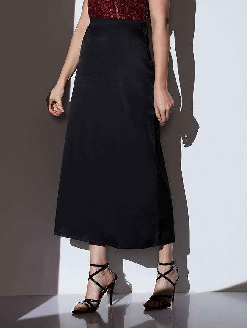 globus women black mid-rise solid midi a-line party skirt - 22085177 -  Standard Image - 1
