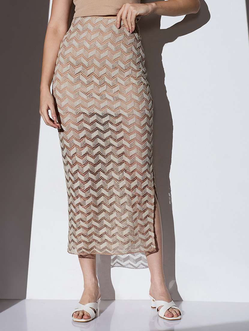 globus women beige chevron pattern crochet mid rise side slit beach pencil midi skirt