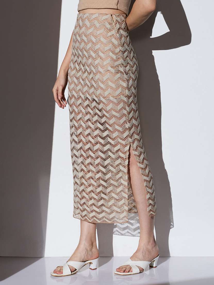 globus women beige chevron pattern crochet mid rise side slit beach pencil midi skirt - 22085178 -  Standard Image - 1
