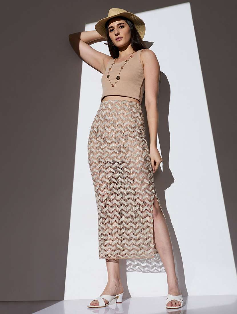 globus women beige chevron pattern crochet mid rise side slit beach pencil midi skirt - 22085178 -  Standard Image - 4