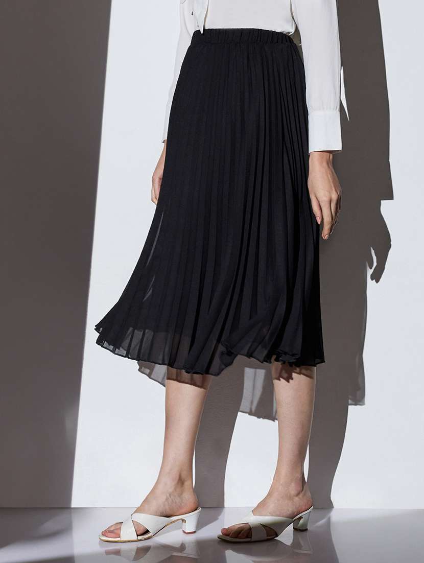 globus women black mid-rise accordion pleats midi flared skirt - 22085180 -  Standard Image - 1