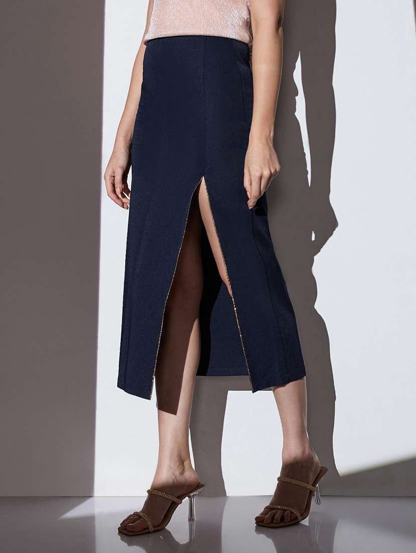 globus women navy mid-rise shimmer front slit midi party pencil skirt - 22085182 -  Standard Image - 1