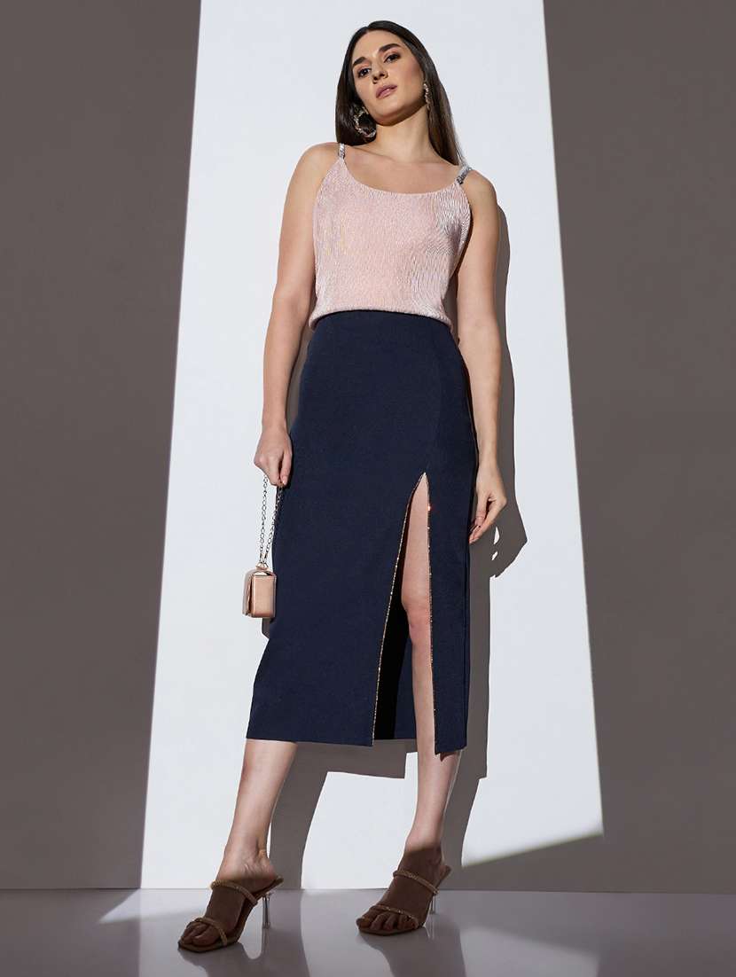 globus women navy mid-rise shimmer front slit midi party pencil skirt - 22085182 -  Standard Image - 4
