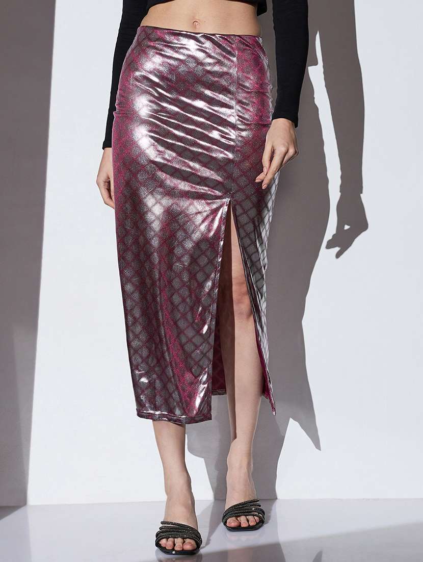 globus women shimmer silver mid-rise self design front slit midi party pencil skirt
