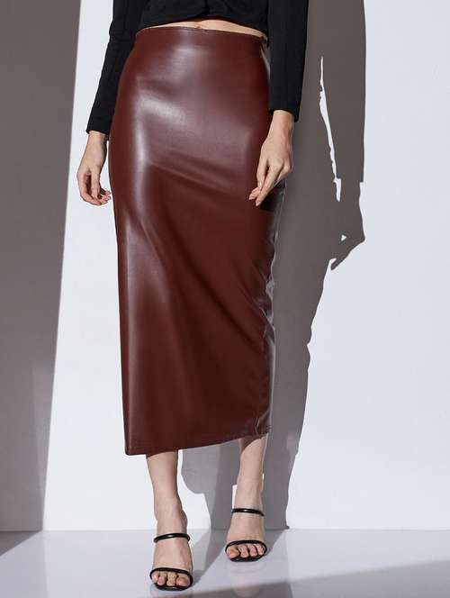 globus women chocolate brown mid-rise solid stretchable back slit midi party pencil skirt - 22085186 -  Standard Image - 0