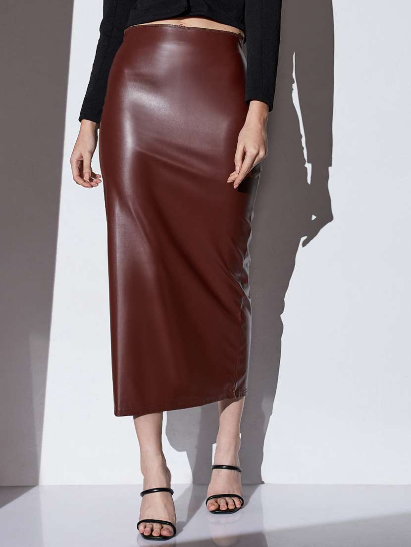 globus women chocolate brown mid-rise solid stretchable back slit midi party pencil skirt