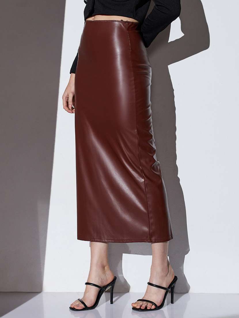 globus women chocolate brown mid-rise solid stretchable back slit midi party pencil skirt - 22085186 -  Standard Image - 1