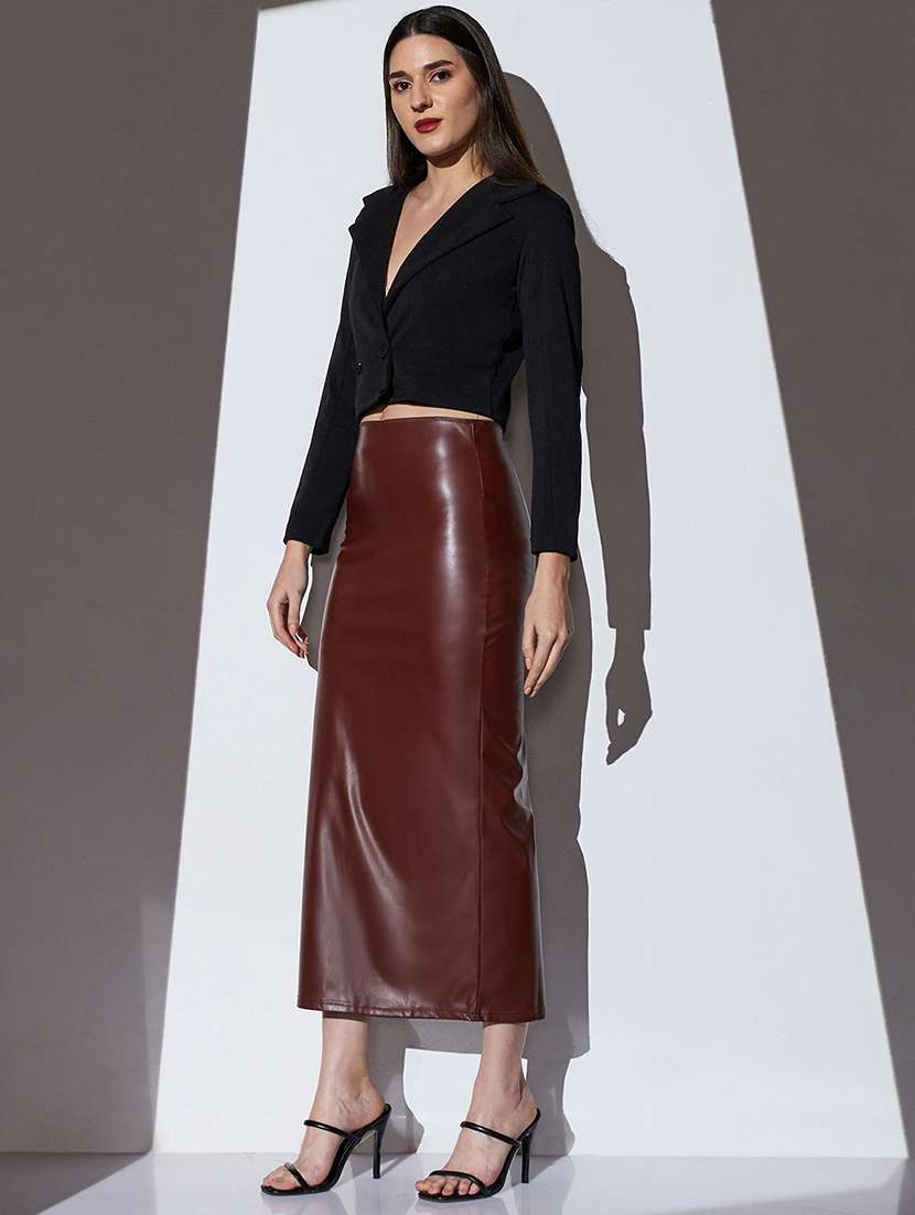 globus women chocolate brown mid-rise solid stretchable back slit midi party pencil skirt - 22085186 -  Standard Image - 4