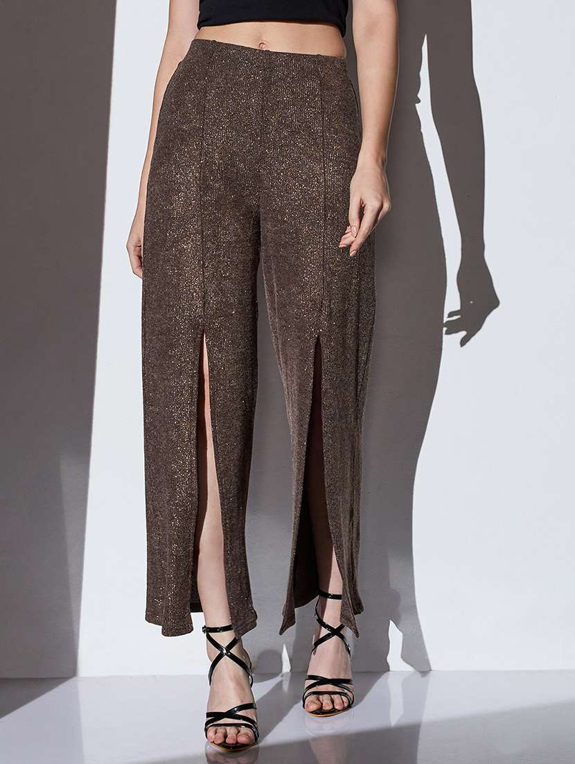 globus women gold mid-rise self striped shimmer front slit wide leg party trousers
