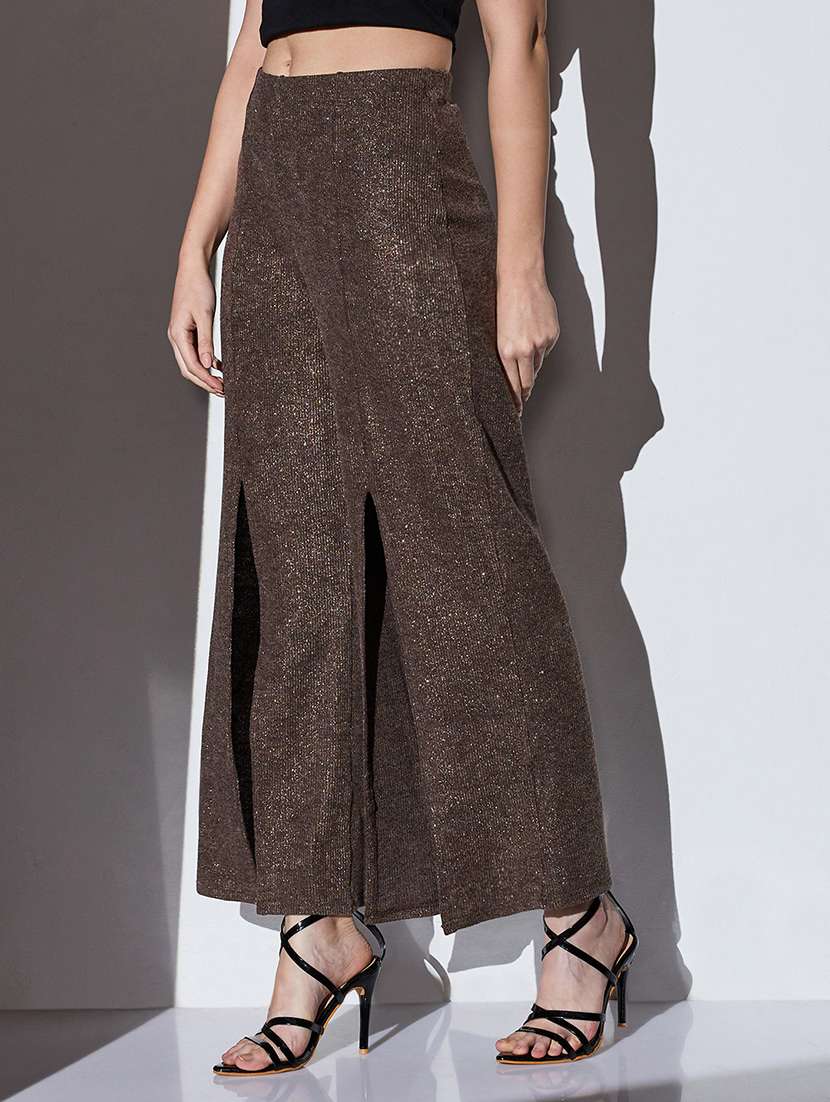 globus women gold mid-rise self striped shimmer front slit wide leg party trousers - 22085189 -  Standard Image - 1