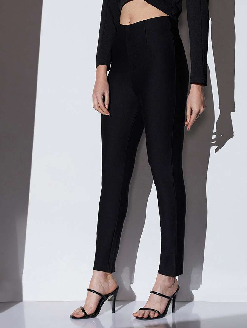 globus women black mid-rise solid stretchable skinny fit formal trousers - 22085190 -  Standard Image - 1