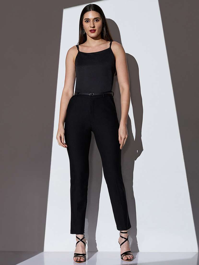 globus women black mid-rise solid stretchable slim fit formal trousers with belt - 22085193 -  Standard Image - 4
