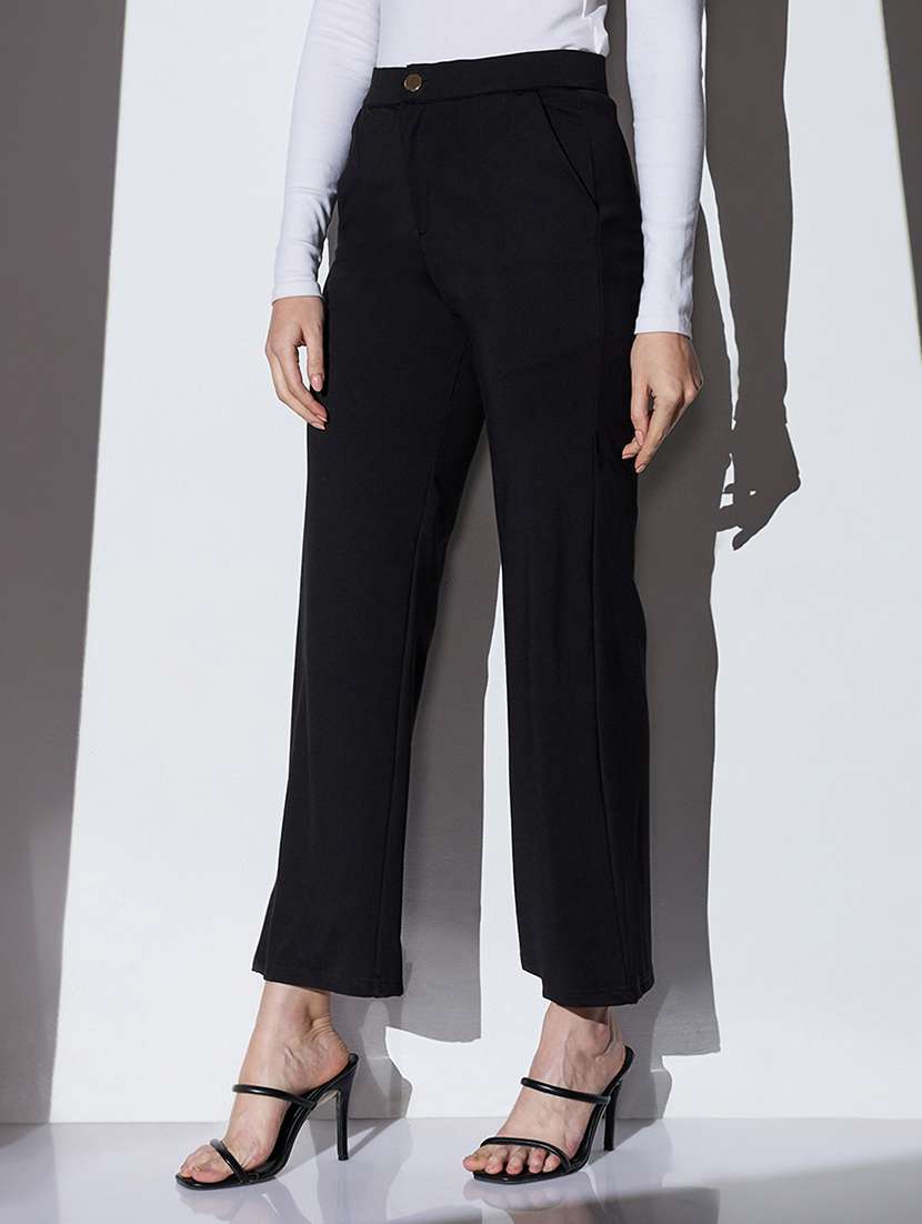 globus women black mid-rise solid wide leg formal trousers - 22085195 -  Standard Image - 1