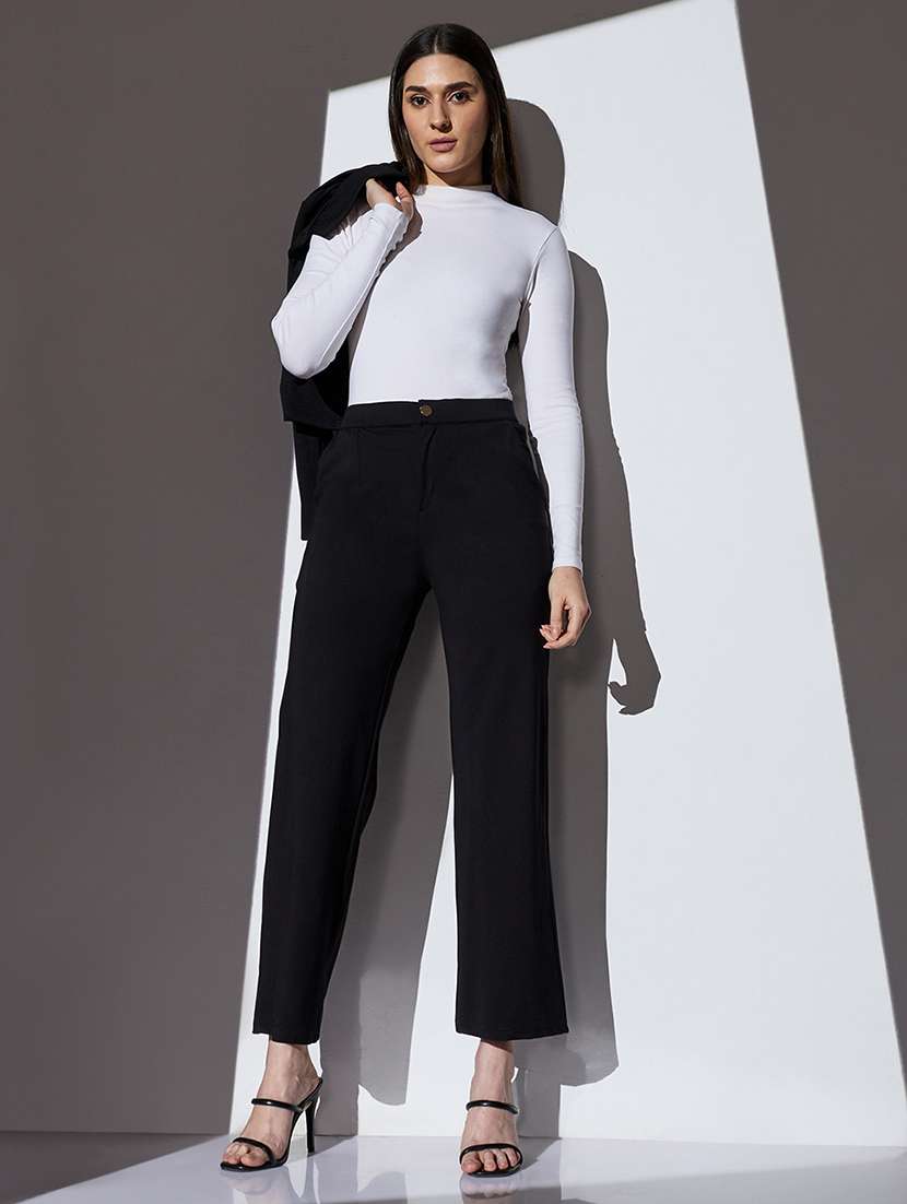 globus women black mid-rise solid wide leg formal trousers - 22085195 -  Standard Image - 4