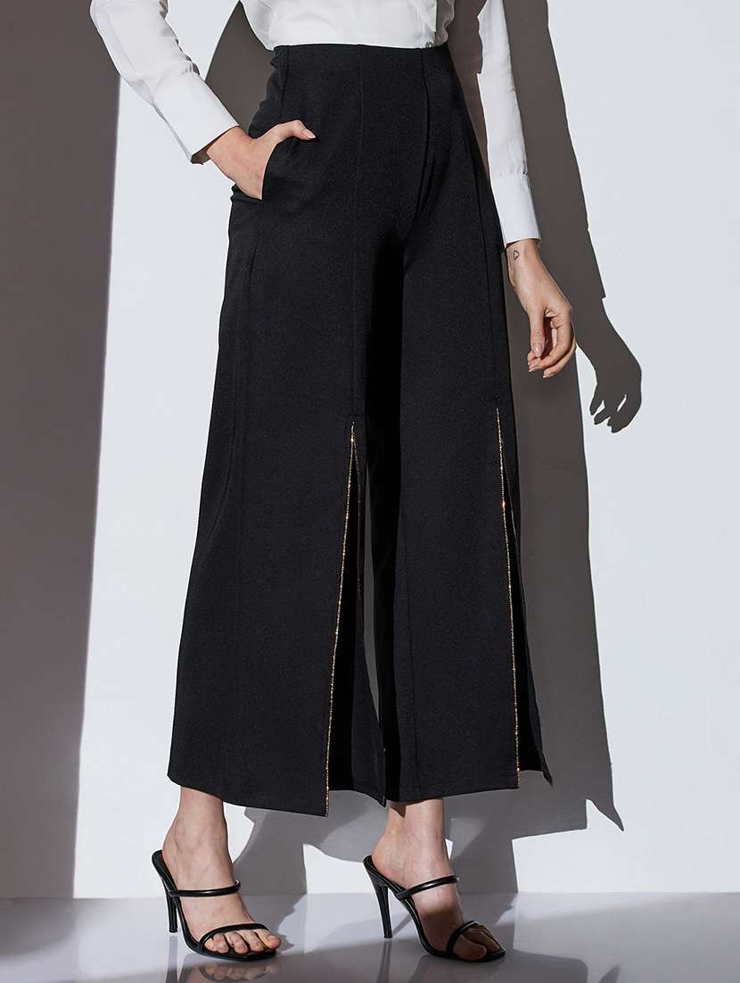 globus women black mid-rise shimmer front slit wide leg party trousers - 22085196 -  Standard Image - 1