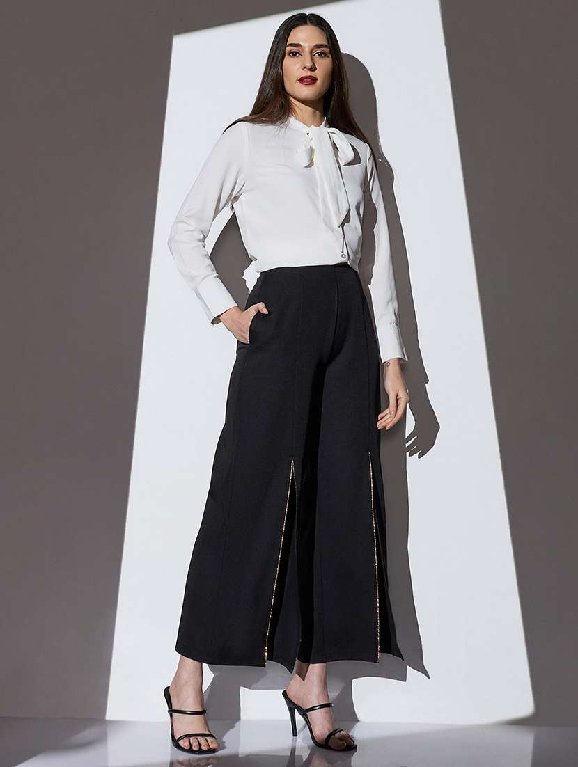 globus women black mid-rise shimmer front slit wide leg party trousers - 22085196 -  Standard Image - 4