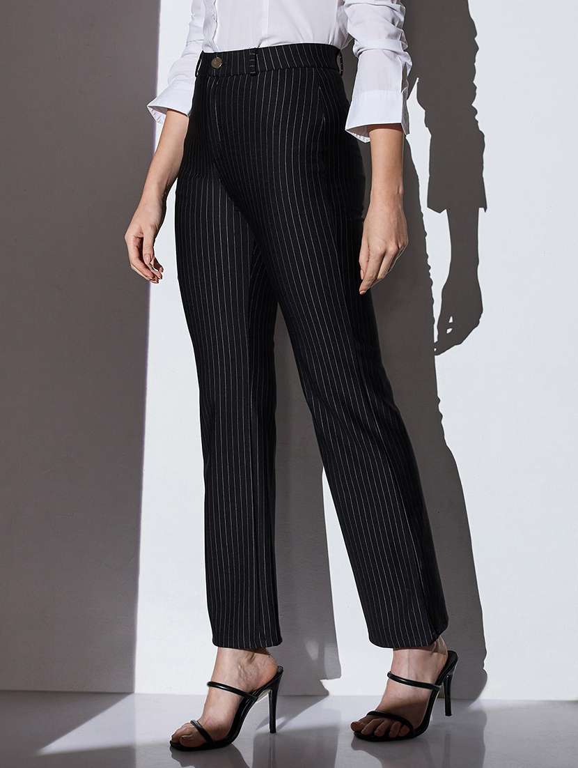 globus women black mid-rise striped straight fit wide leg formal trousers - 22085197 -  Standard Image - 1
