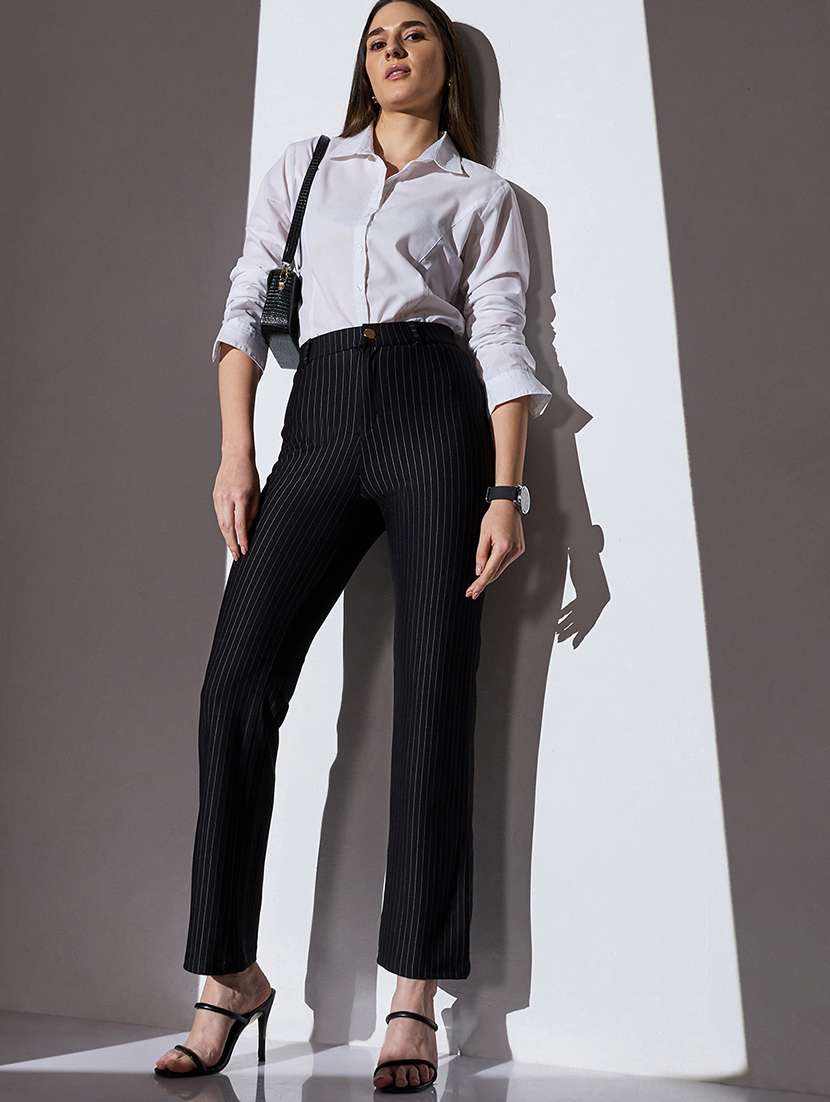 globus women black mid-rise striped straight fit wide leg formal trousers - 22085197 -  Standard Image - 4