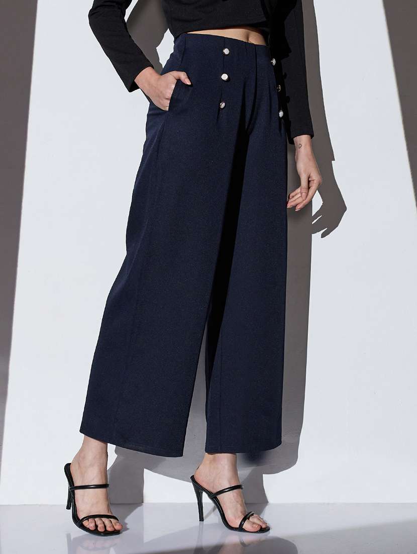 globus women navy mid-rise solid button detail wide leg trousers - 22085199 -  Standard Image - 1