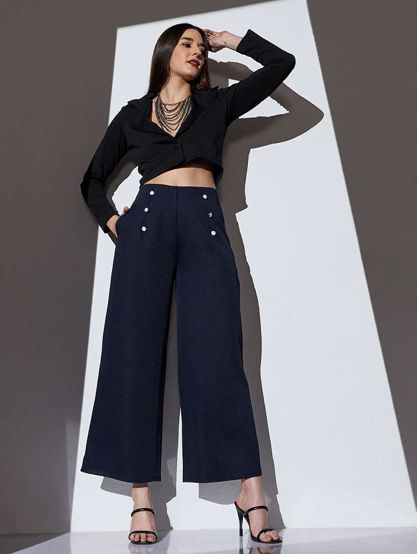 globus women navy mid-rise solid button detail wide leg trousers - 22085199 -  Standard Image - 4