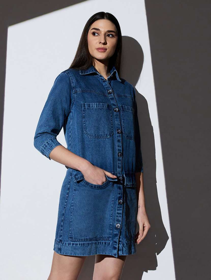 globus women med blue collared neck cuffed sleeves front utility pockets mini denim shirt dress - 22085203 -  Standard Image - 1