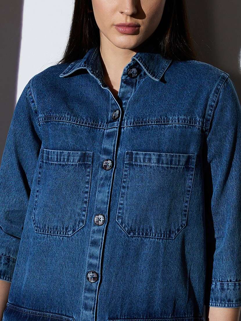 globus women med blue collared neck cuffed sleeves front utility pockets mini denim shirt dress - 22085203 -  Standard Image - 4