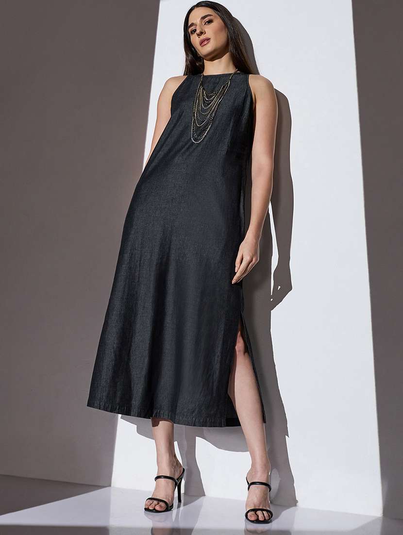 globus women black round neck sleeveless solid side slit midi a-line denim dress - 22085205 -  Standard Image - 1