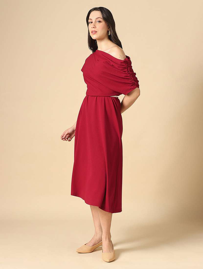 women solid single shoulder fit & flare dress - 22085209 - Standard Image - 1