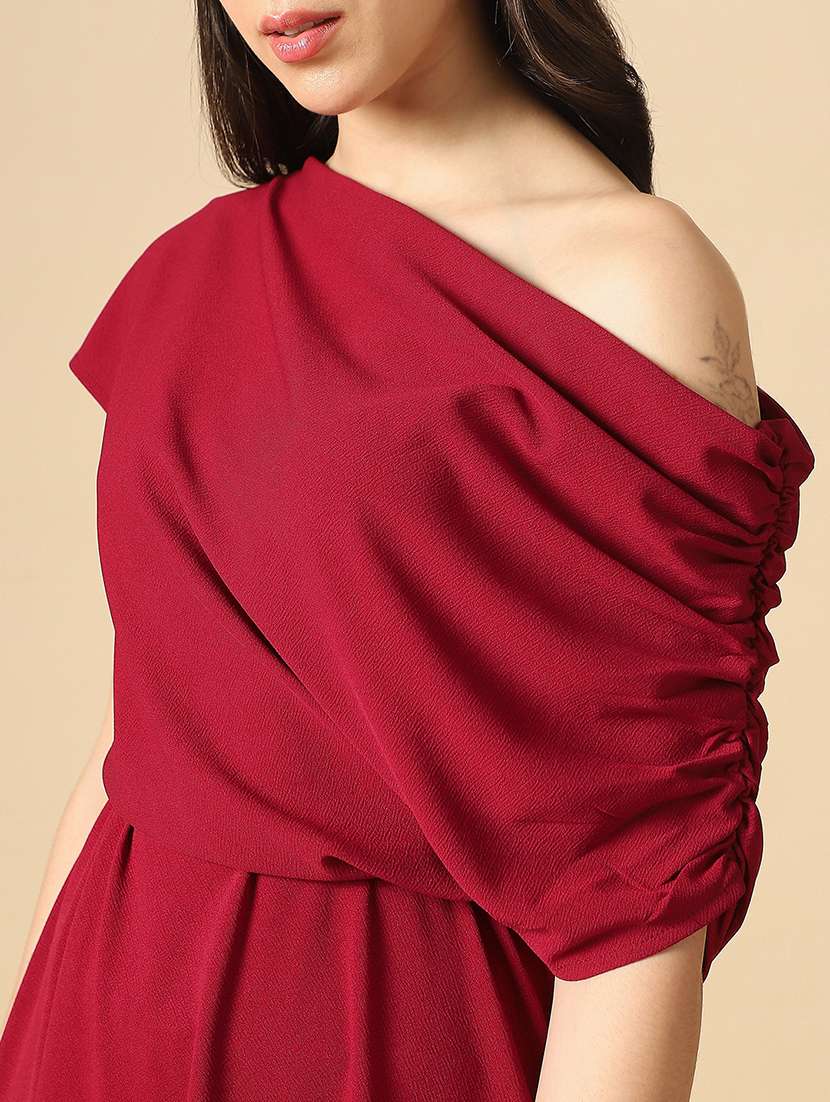 women solid single shoulder fit & flare dress - 22085209 - Standard Image - 4