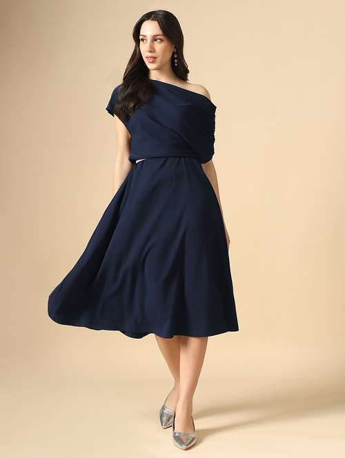 women solid single shoulder fit & flare dress - 22085210 -  Standard Image - 0