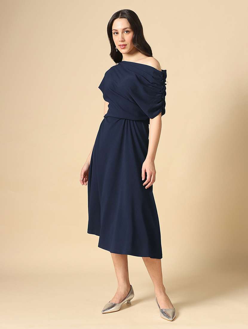 women solid single shoulder fit & flare dress - 22085210 -  Standard Image - 1