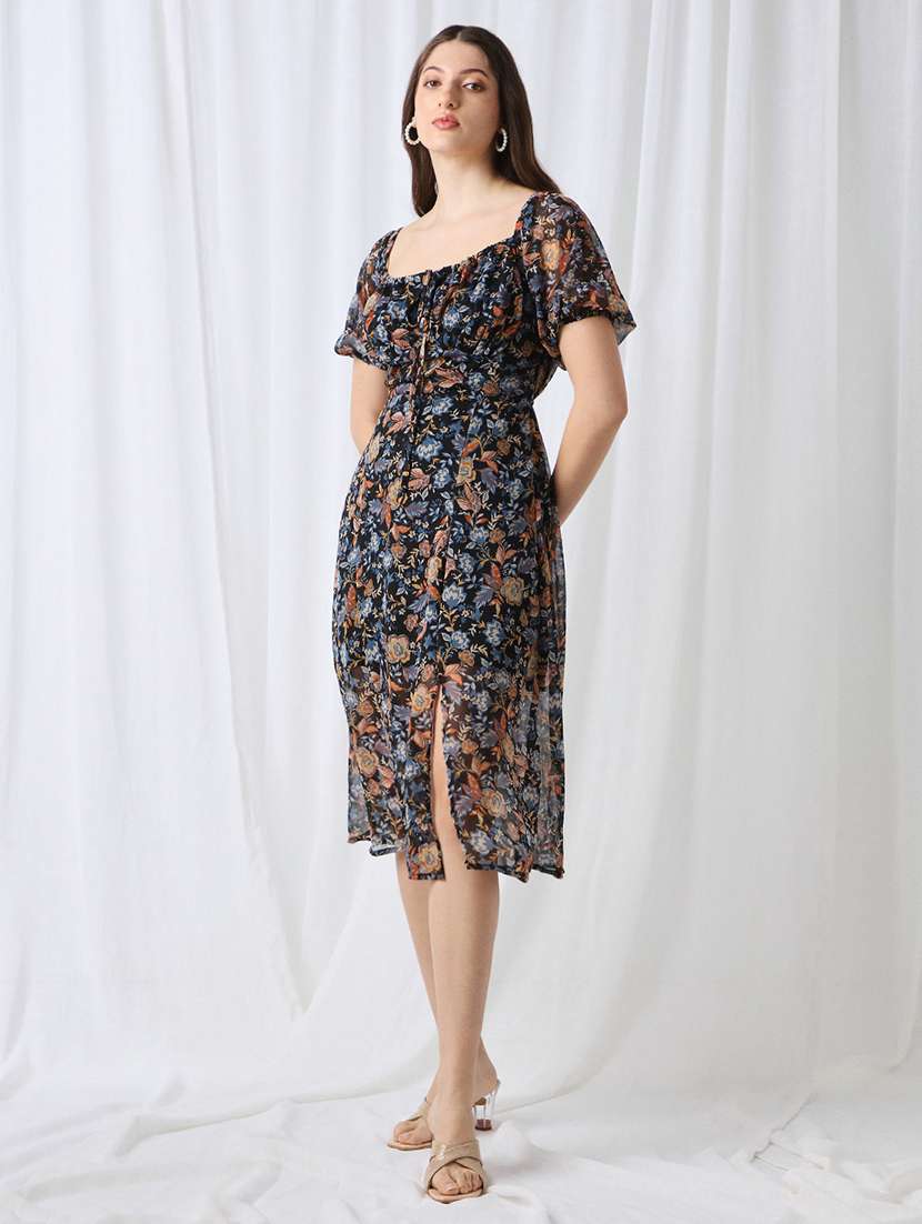 globus women blue square neck puff sleeves floral print tie-up detail fit & flare midi dress