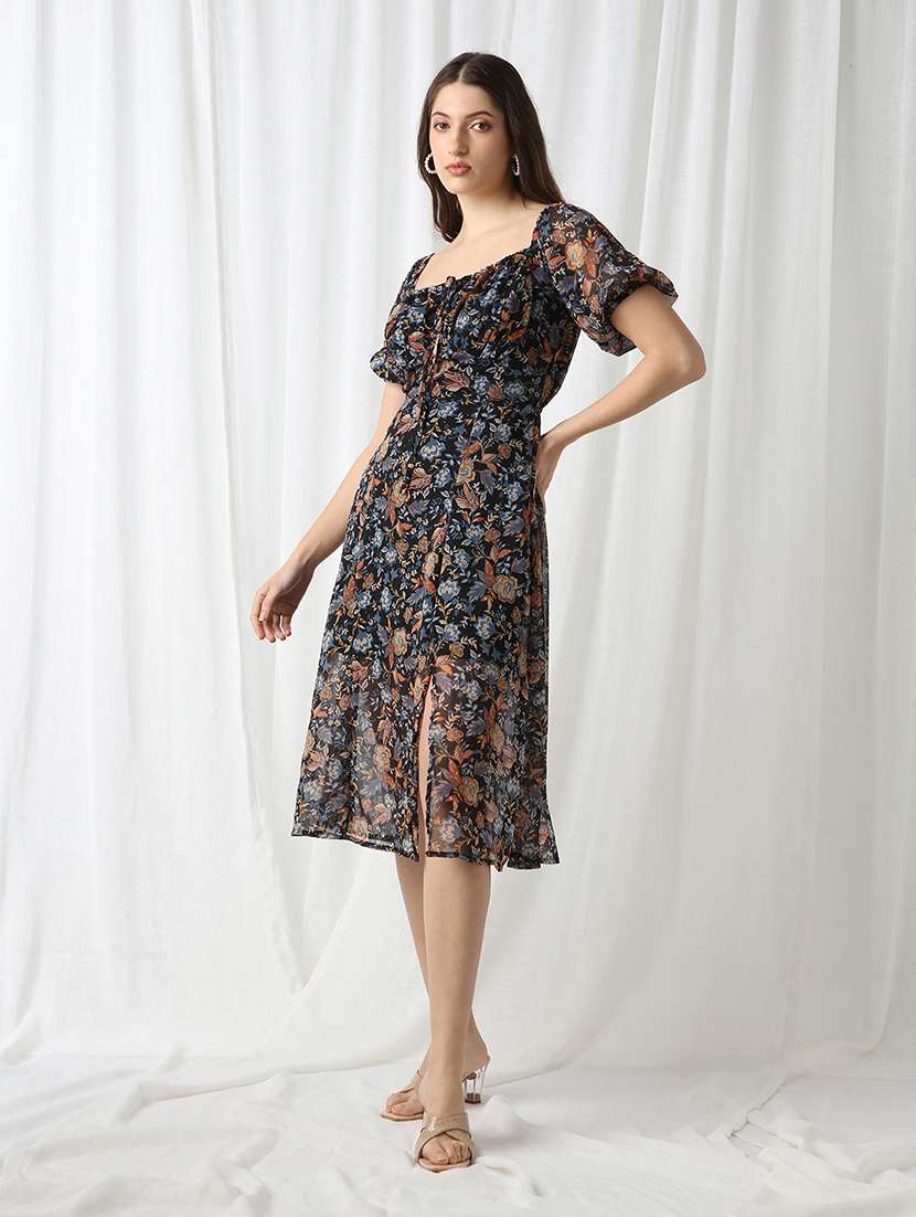 women printed puff sleeve a-line dress - 22085212 - Standard Image - 1