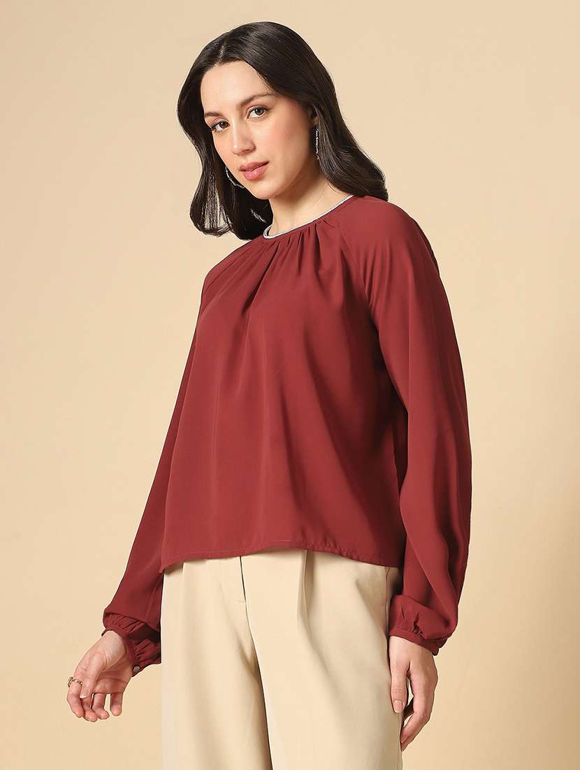 globus women maroon embellished jewel neck raglan sleeves pleated georgette party top - 22085214 -  Standard Image - 1