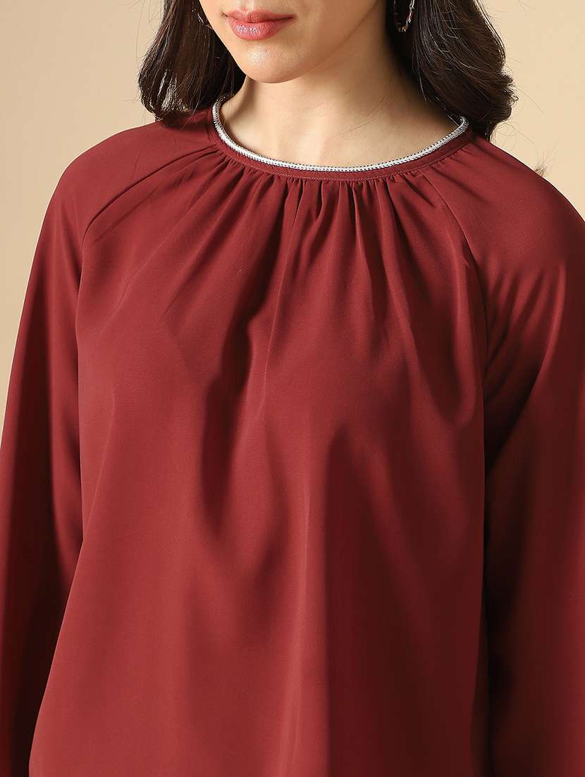 globus women maroon embellished jewel neck raglan sleeves pleated georgette party top - 22085214 -  Standard Image - 4