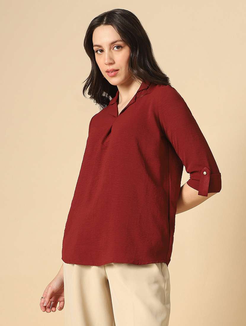 globus women maroon cuban collar roll up sleeves shirt style workwear shirt - 22085215 -  Standard Image - 1