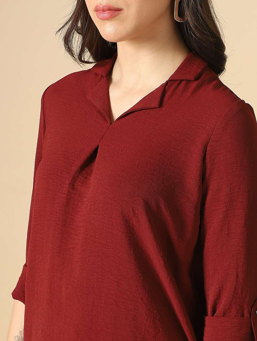 globus women maroon cuban collar roll up sleeves shirt style workwear shirt - 22085215 -  Standard Image - 4