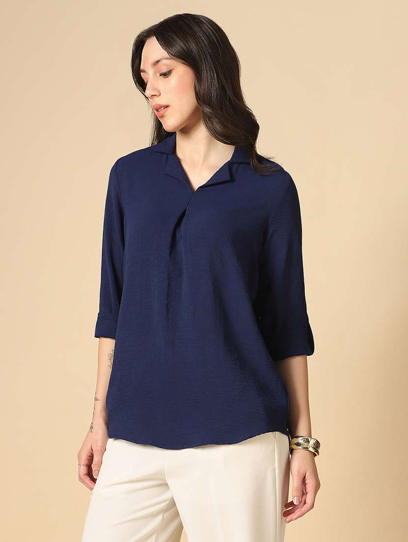 globus women navy blue cuban collar roll up sleeves shirt style workwear shirt - 22085216 -  Standard Image - 1