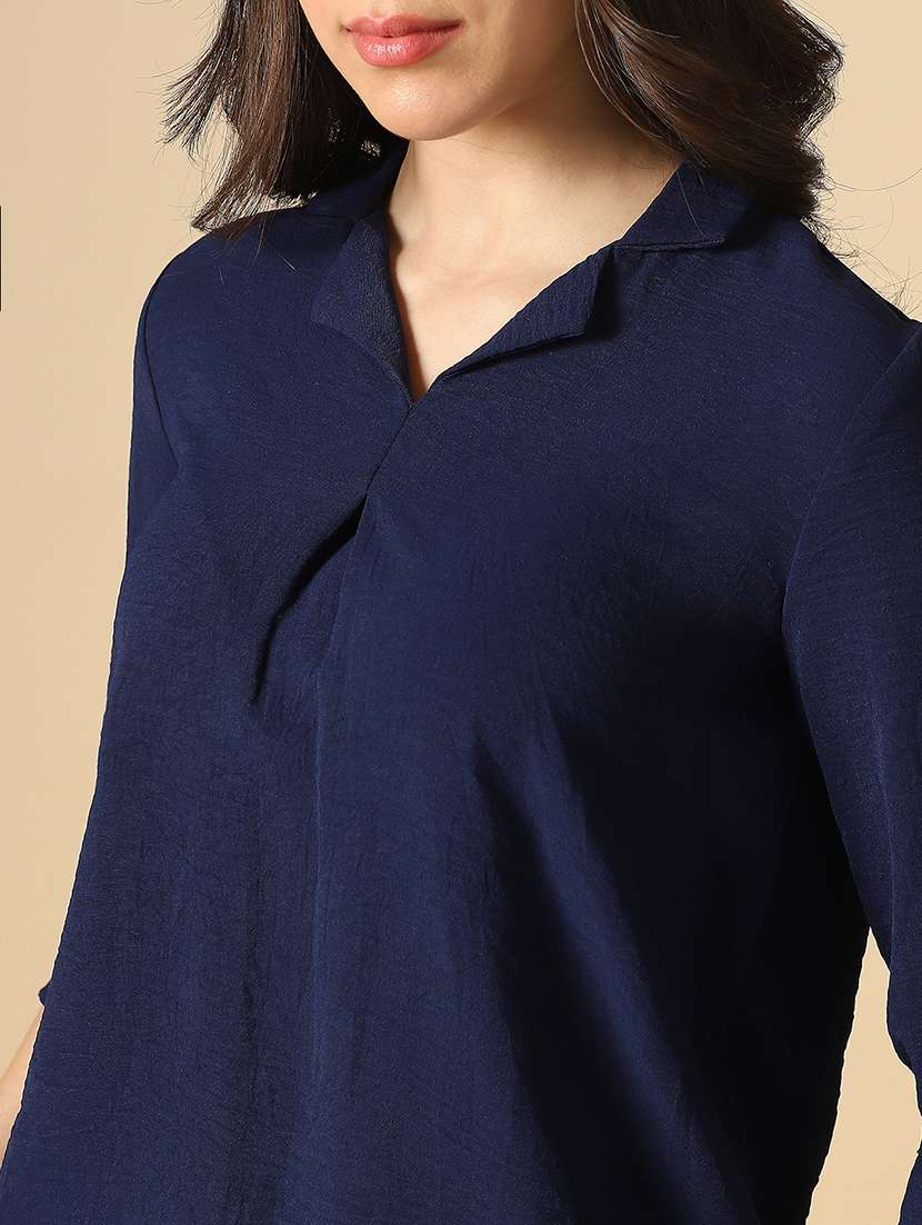 globus women navy blue cuban collar roll up sleeves shirt style workwear shirt - 22085216 -  Standard Image - 4