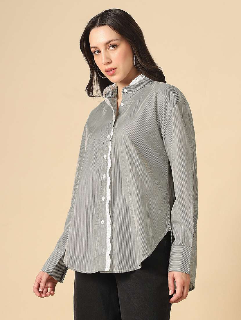 women striped mandarin collar long sleeve oversized shirt - 22085219 -  Standard Image - 1