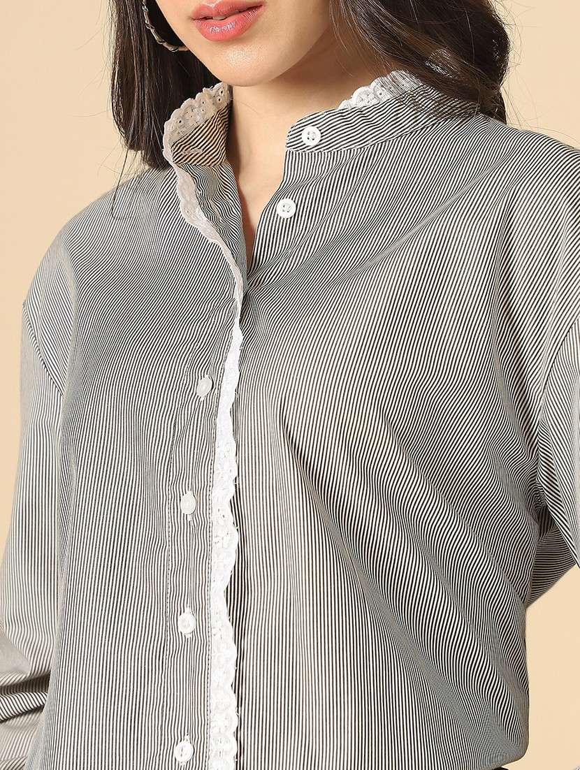 women striped mandarin collar long sleeve oversized shirt - 22085219 - Standard Image - 4