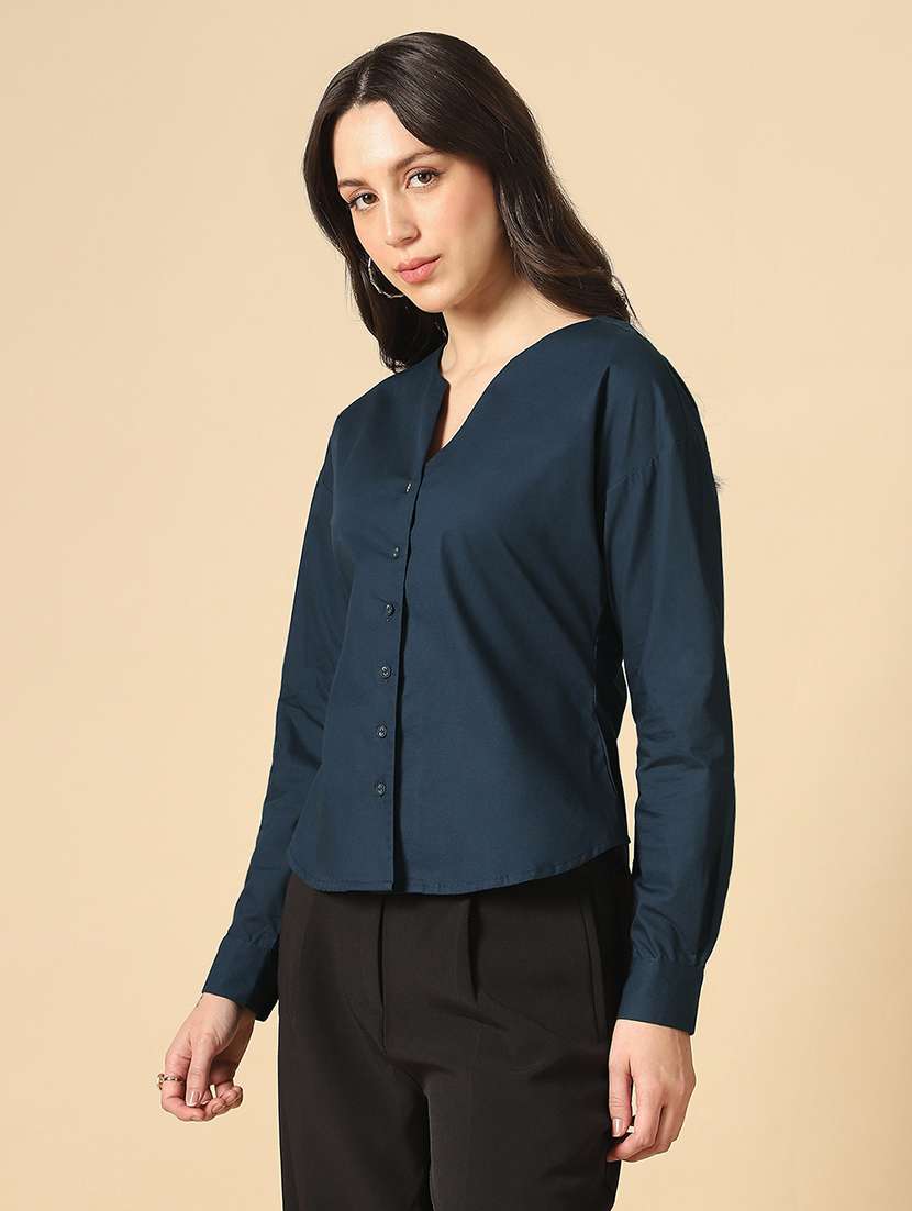 globus women navy blue v-neck cuffed sleeves solid curved hem workwear shirt - 22085221 -  Standard Image - 1
