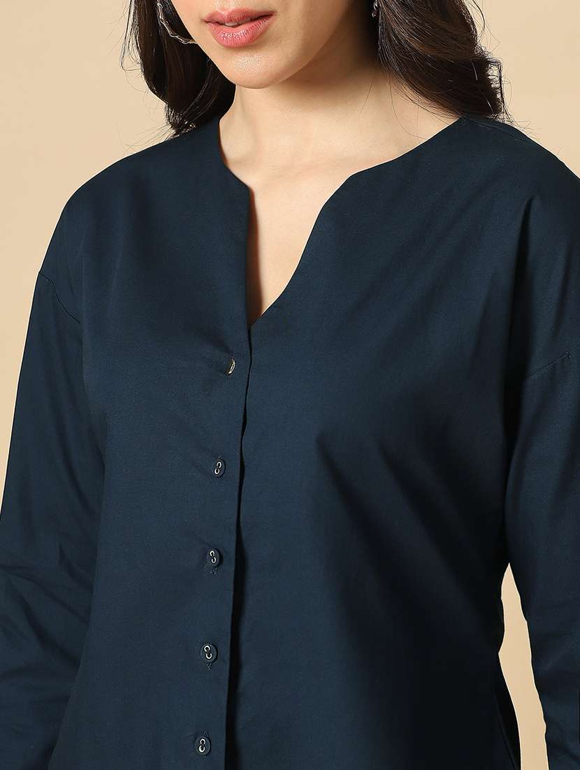 globus women navy blue v-neck cuffed sleeves solid curved hem workwear shirt - 22085221 -  Standard Image - 4