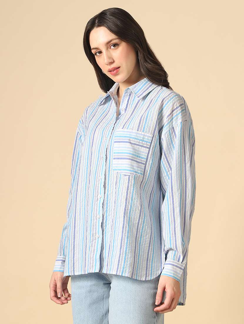 globus women blue collared neck cuffed sleeves multi stripes patch pocket curved hem oversized shirt - 22085223 -  Standard Image - 1