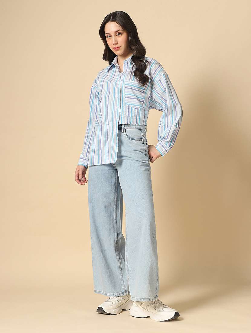 globus women blue collared neck cuffed sleeves multi stripes patch pocket curved hem oversized shirt - 22085223 -  Standard Image - 4