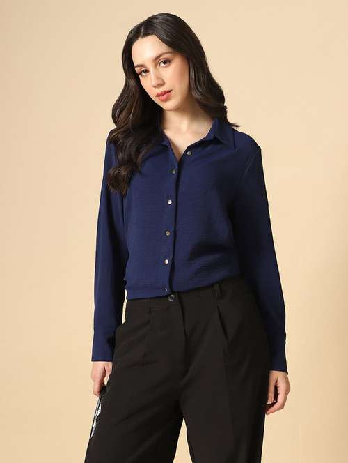 women solid collared long sleeve shirt - 22085224 - Standard Image - 0