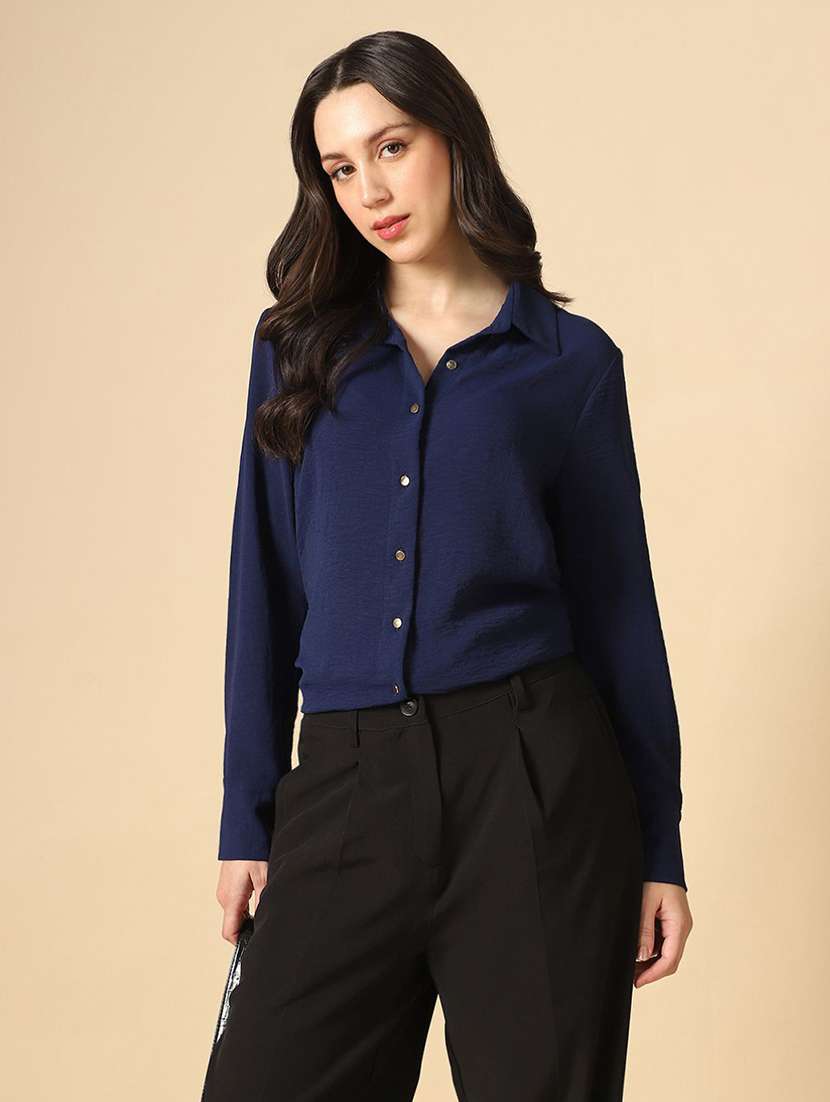women solid collared long sleeve shirt - 22085224 - Zoom Image - 0